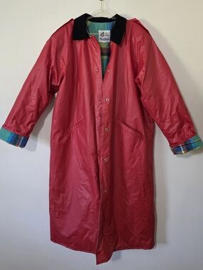 Vintage Misty Harbor Long Red Rain Coat Plaid Flannel Lined Corduroy Collar 90s